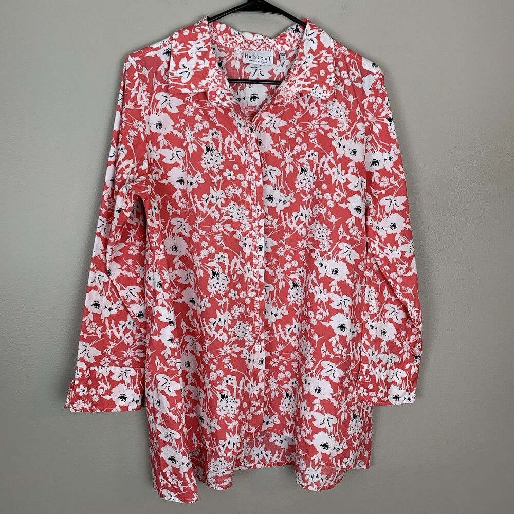Habitat Women's Small 3/4 Sleeve Red Floral Button Down Blouse Tunic Artsy
